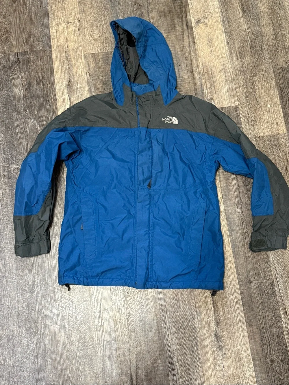 The North Face Boys Large Blue Gray Hooded Zip Jacket Rain Wind Coat